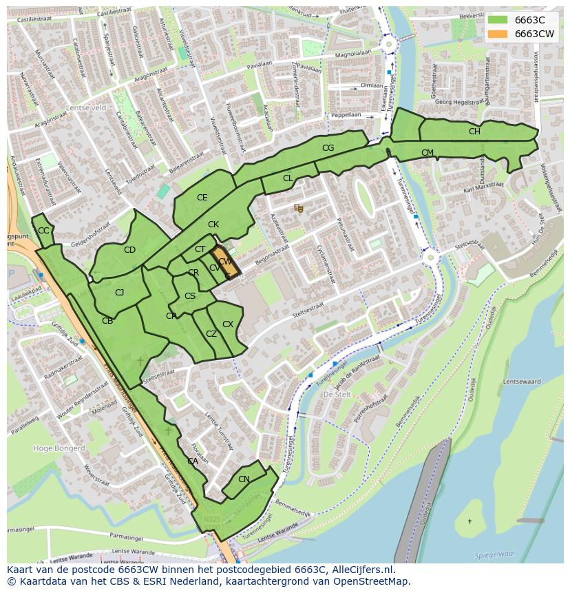 Afbeelding van het postcodegebied 6663 CW op de kaart.