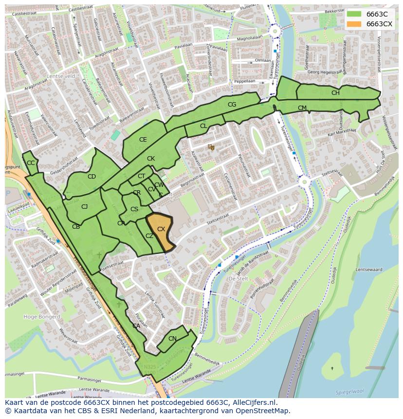 Afbeelding van het postcodegebied 6663 CX op de kaart.