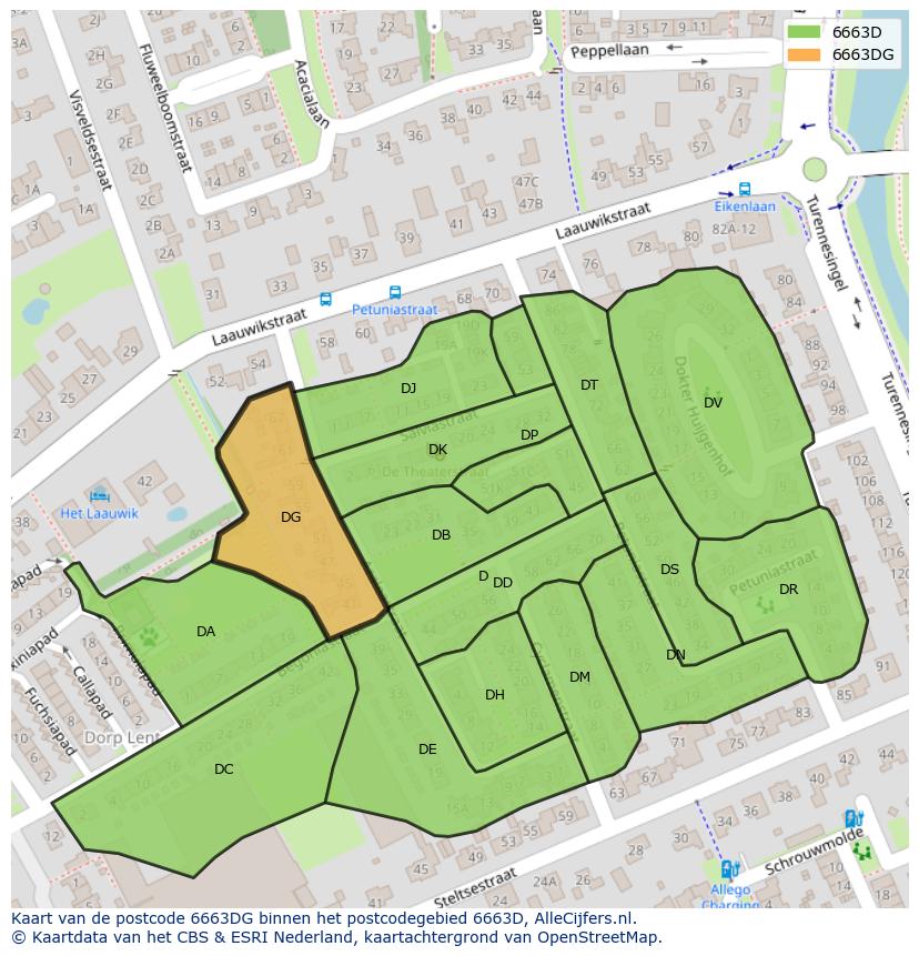 Afbeelding van het postcodegebied 6663 DG op de kaart.
