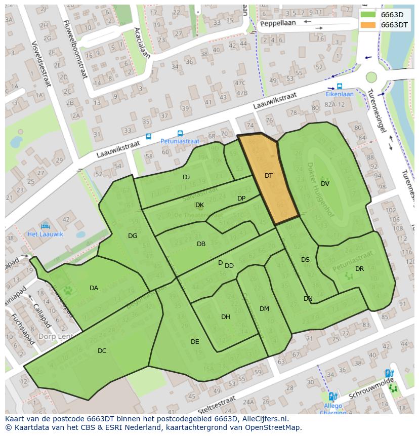 Afbeelding van het postcodegebied 6663 DT op de kaart.