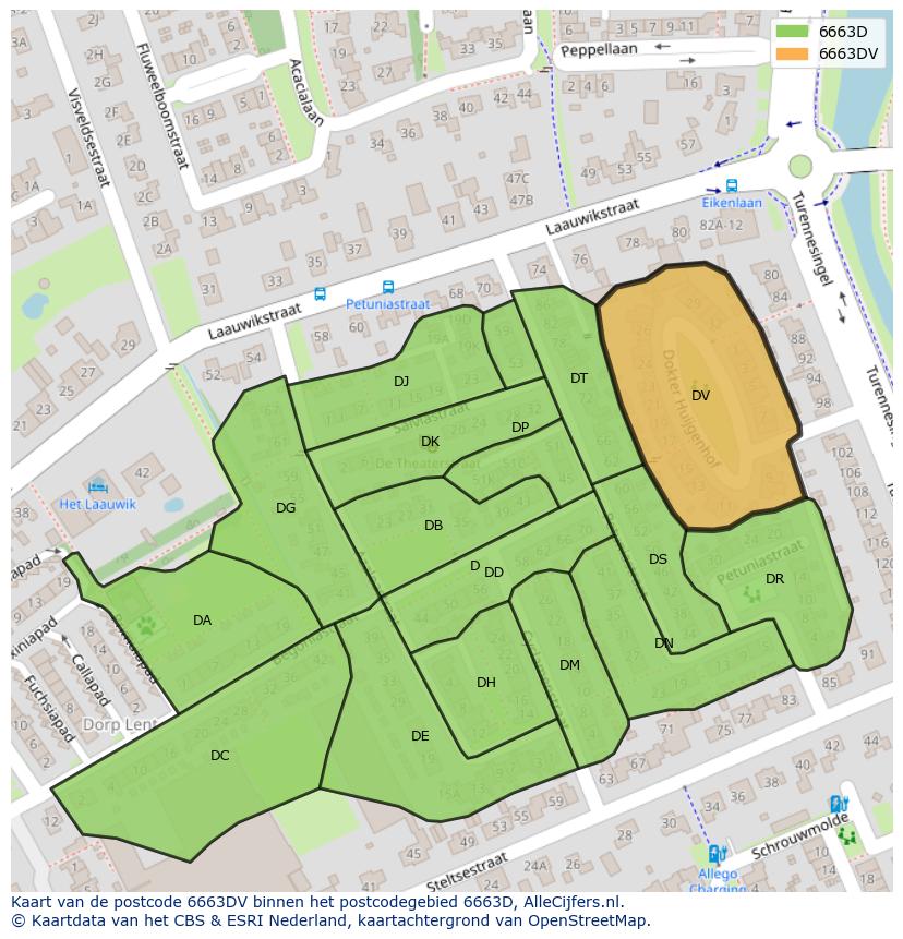Afbeelding van het postcodegebied 6663 DV op de kaart.