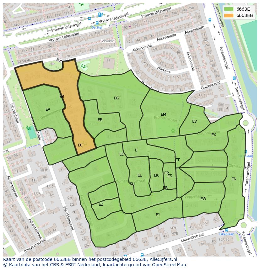 Afbeelding van het postcodegebied 6663 EB op de kaart.