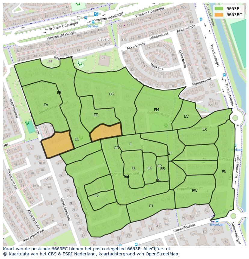 Afbeelding van het postcodegebied 6663 EC op de kaart.