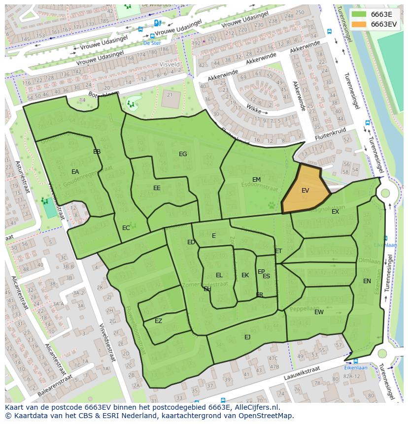 Afbeelding van het postcodegebied 6663 EV op de kaart.