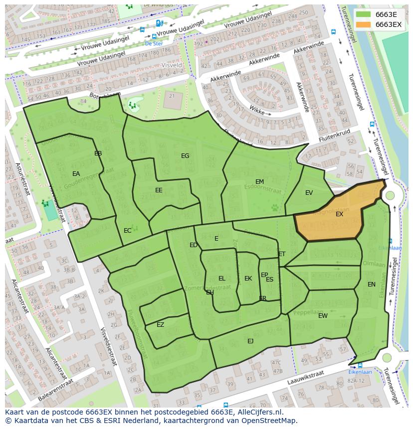 Afbeelding van het postcodegebied 6663 EX op de kaart.