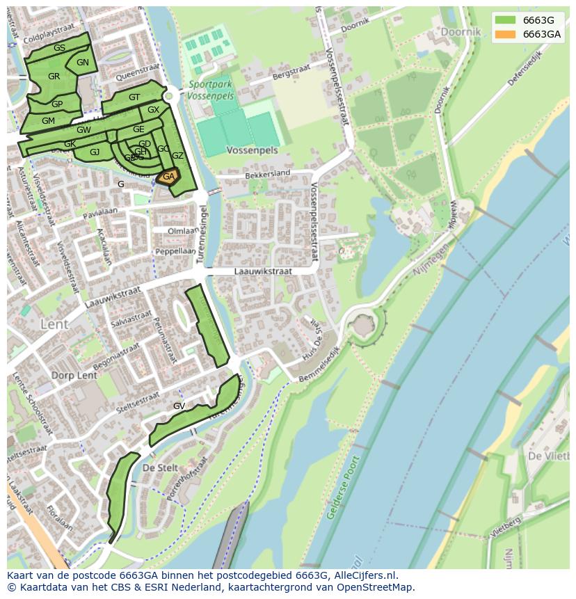 Afbeelding van het postcodegebied 6663 GA op de kaart.