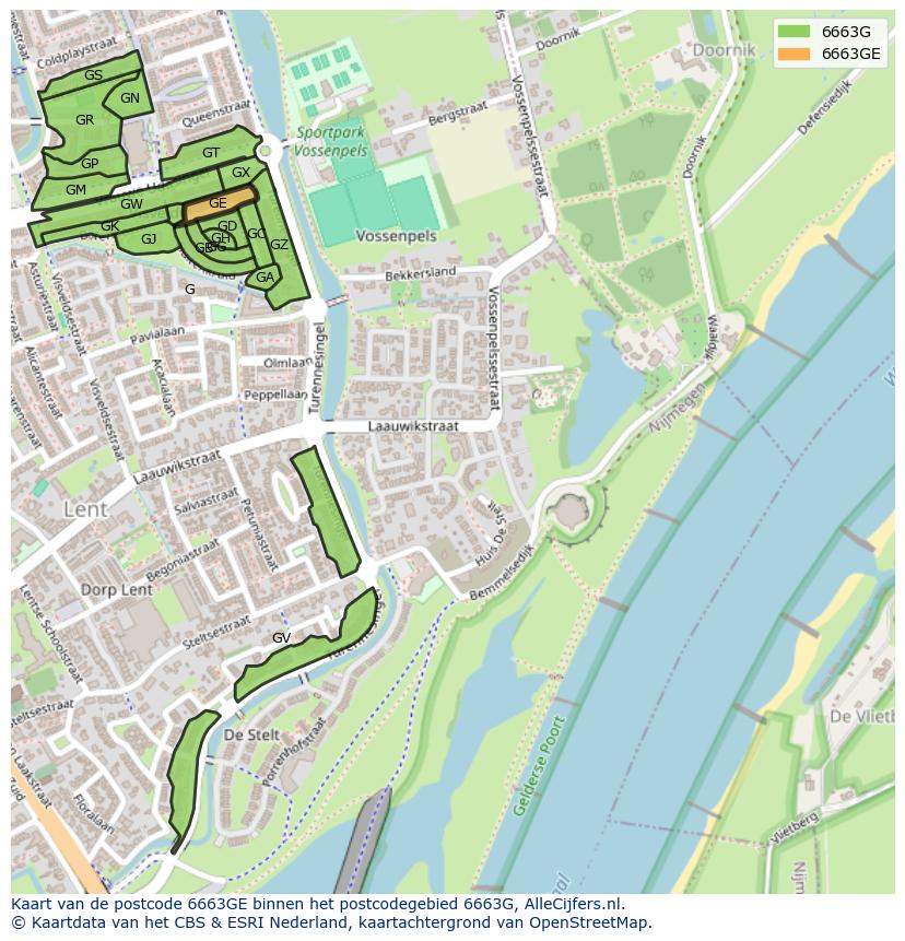 Afbeelding van het postcodegebied 6663 GE op de kaart.