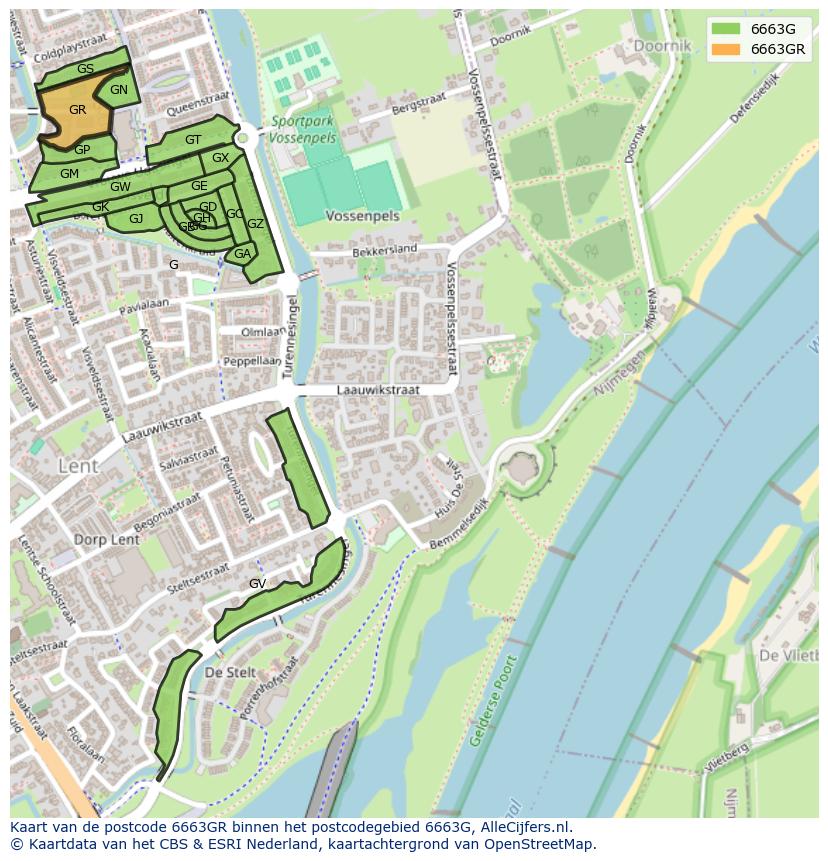 Afbeelding van het postcodegebied 6663 GR op de kaart.