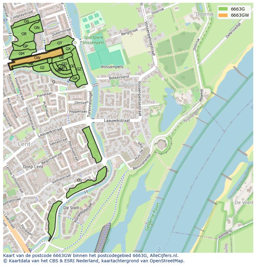 Afbeelding van het postcodegebied 6663 GW op de kaart.
