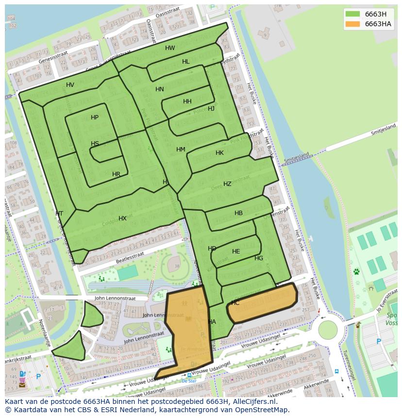 Afbeelding van het postcodegebied 6663 HA op de kaart.