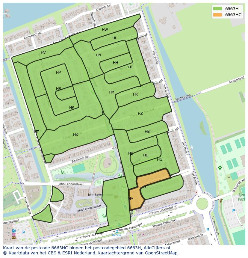 Afbeelding van het postcodegebied 6663 HC op de kaart.