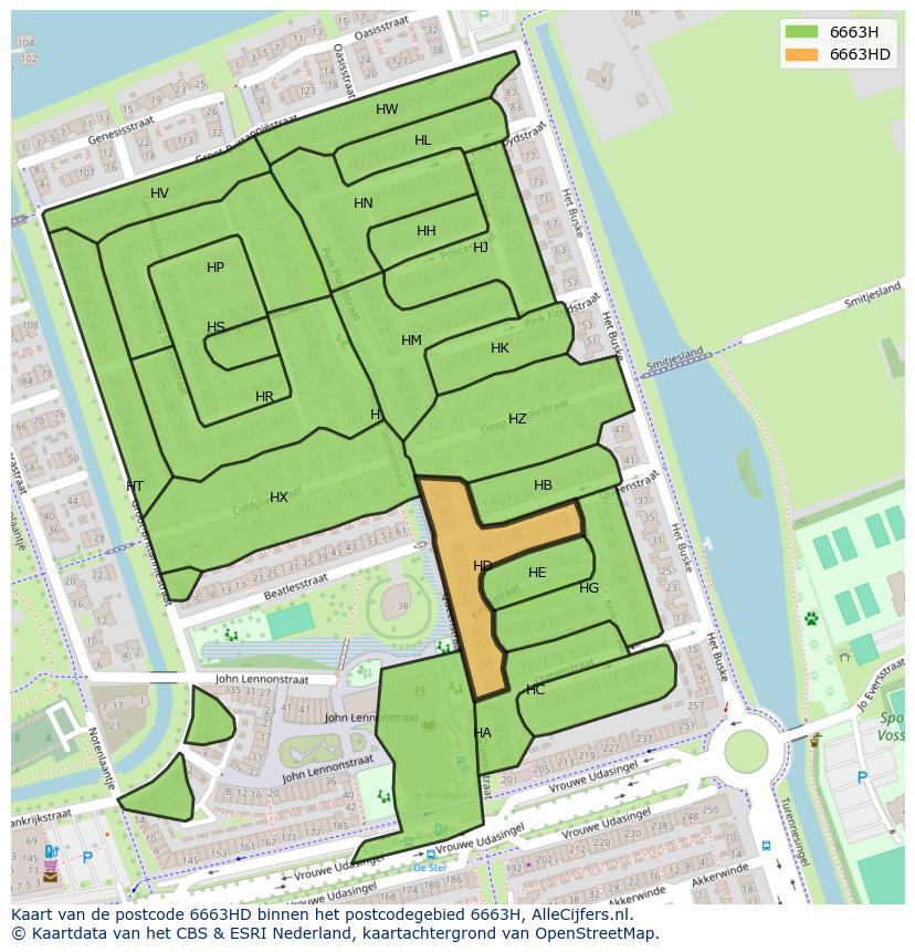 Afbeelding van het postcodegebied 6663 HD op de kaart.