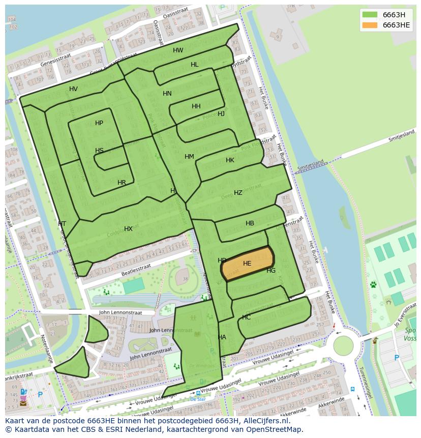 Afbeelding van het postcodegebied 6663 HE op de kaart.