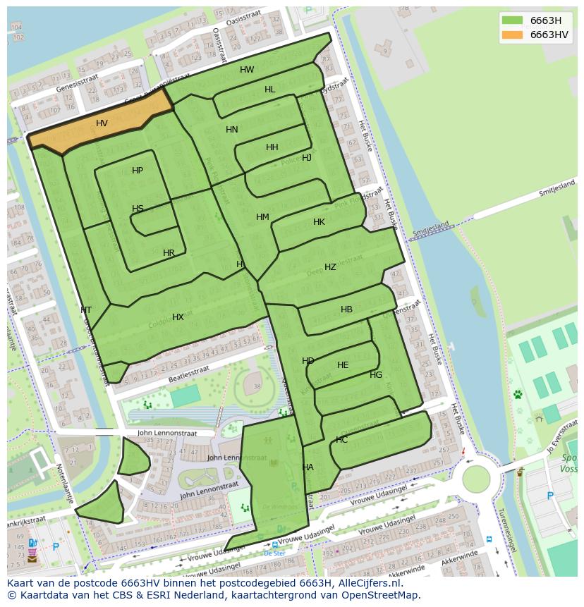 Afbeelding van het postcodegebied 6663 HV op de kaart.