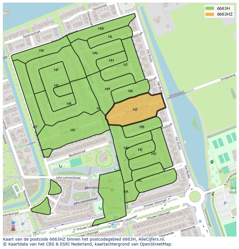 Afbeelding van het postcodegebied 6663 HZ op de kaart.