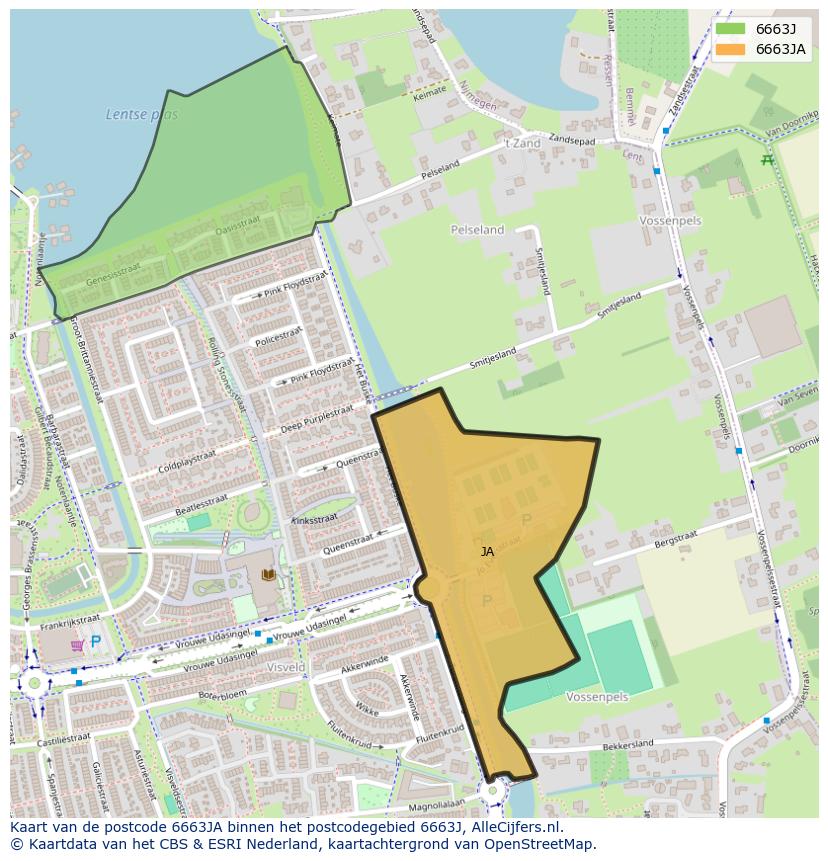Afbeelding van het postcodegebied 6663 JA op de kaart.