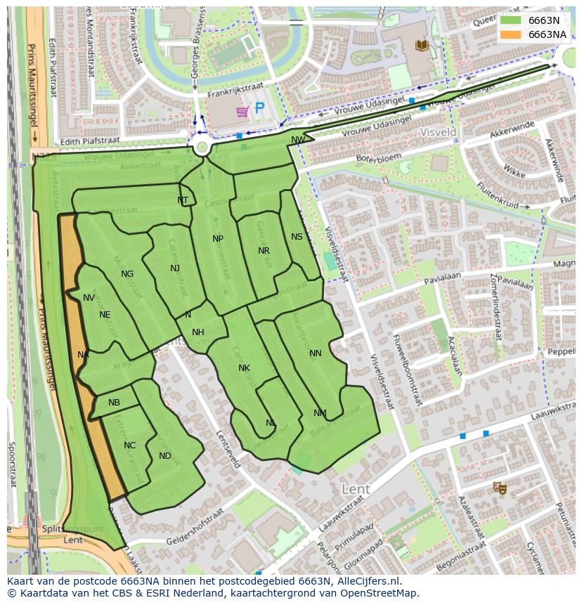 Afbeelding van het postcodegebied 6663 NA op de kaart.