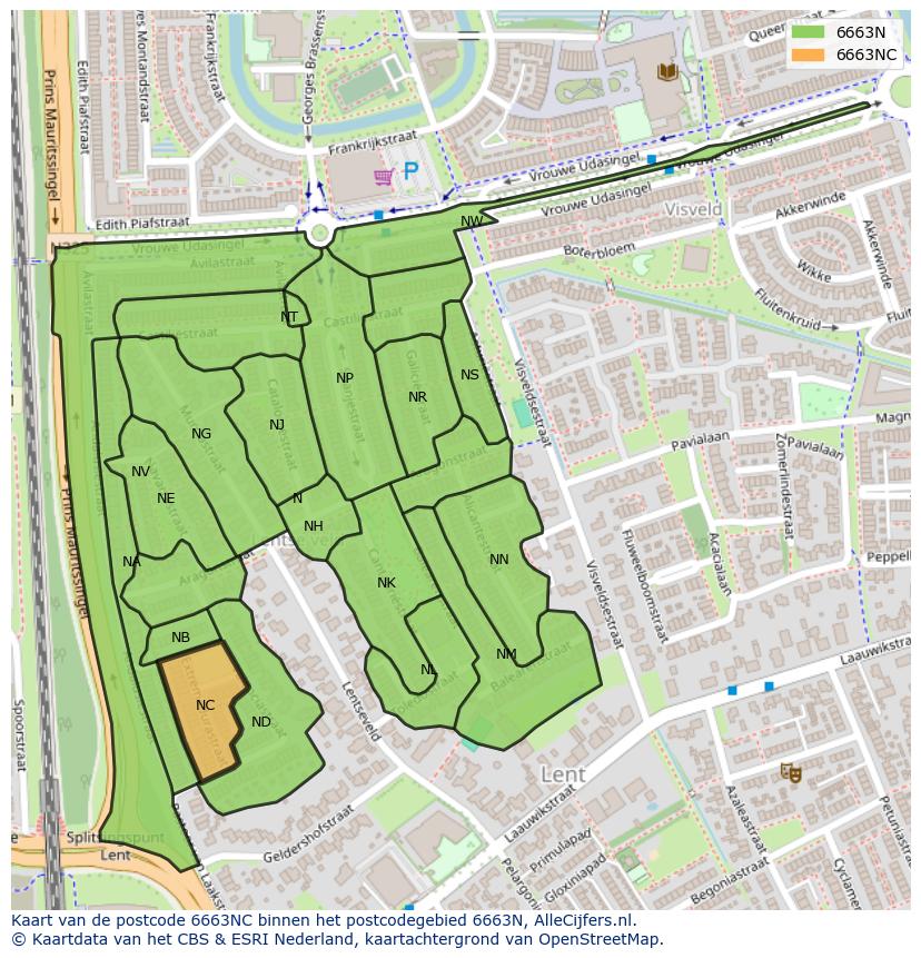 Afbeelding van het postcodegebied 6663 NC op de kaart.