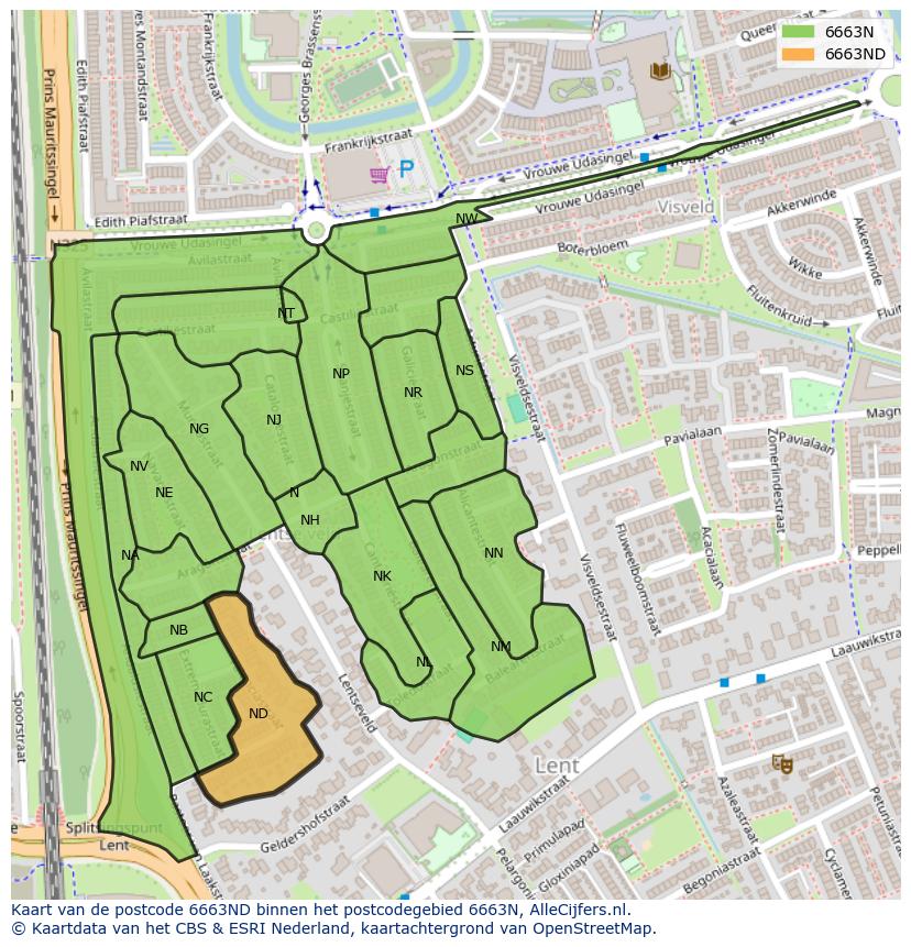 Afbeelding van het postcodegebied 6663 ND op de kaart.