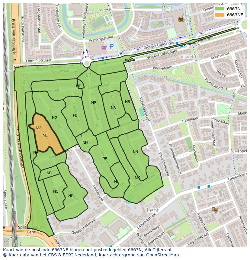 Afbeelding van het postcodegebied 6663 NE op de kaart.
