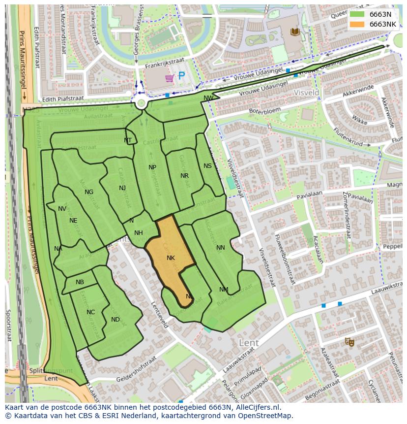 Afbeelding van het postcodegebied 6663 NK op de kaart.