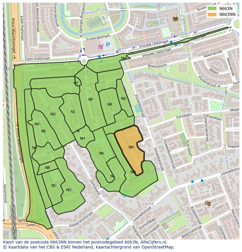 Afbeelding van het postcodegebied 6663 NN op de kaart.