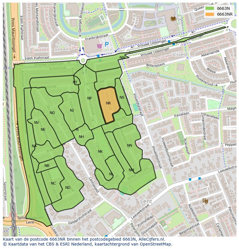 Afbeelding van het postcodegebied 6663 NR op de kaart.