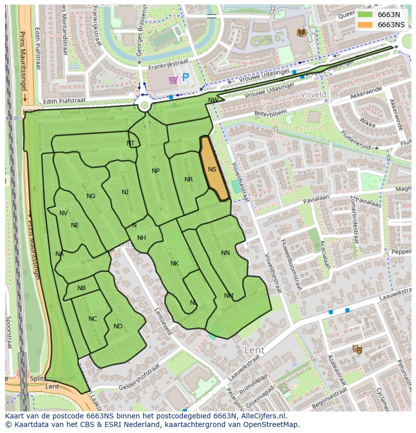 Afbeelding van het postcodegebied 6663 NS op de kaart.