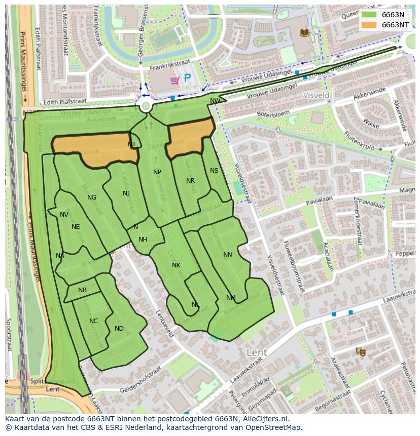 Afbeelding van het postcodegebied 6663 NT op de kaart.