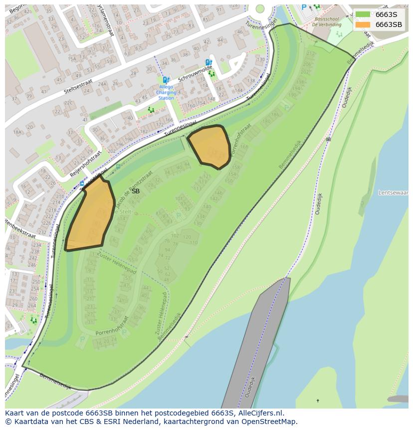 Afbeelding van het postcodegebied 6663 SB op de kaart.