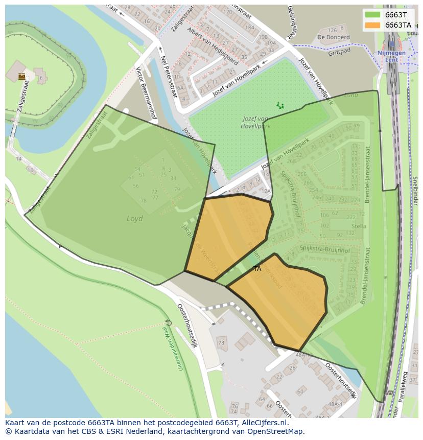 Afbeelding van het postcodegebied 6663 TA op de kaart.
