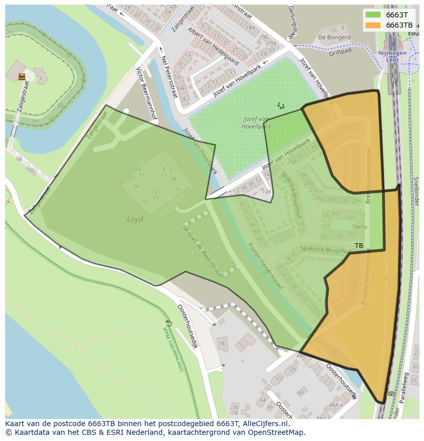 Afbeelding van het postcodegebied 6663 TB op de kaart.