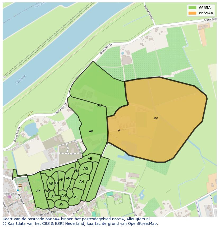 Afbeelding van het postcodegebied 6665 AA op de kaart.