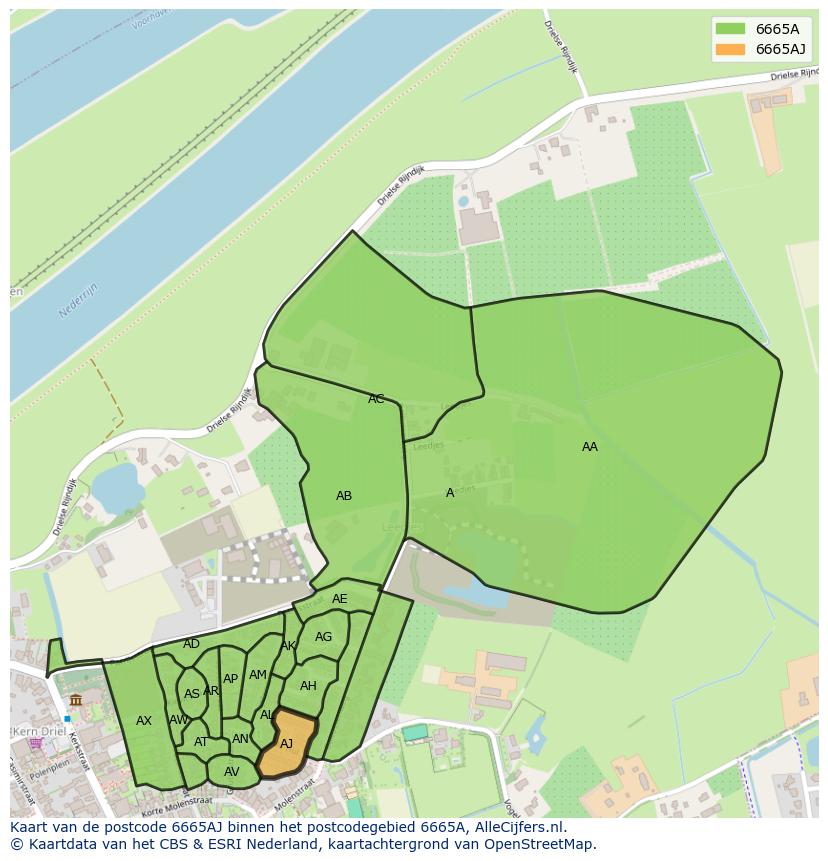 Afbeelding van het postcodegebied 6665 AJ op de kaart.
