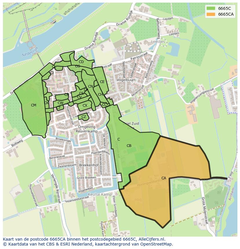 Afbeelding van het postcodegebied 6665 CA op de kaart.