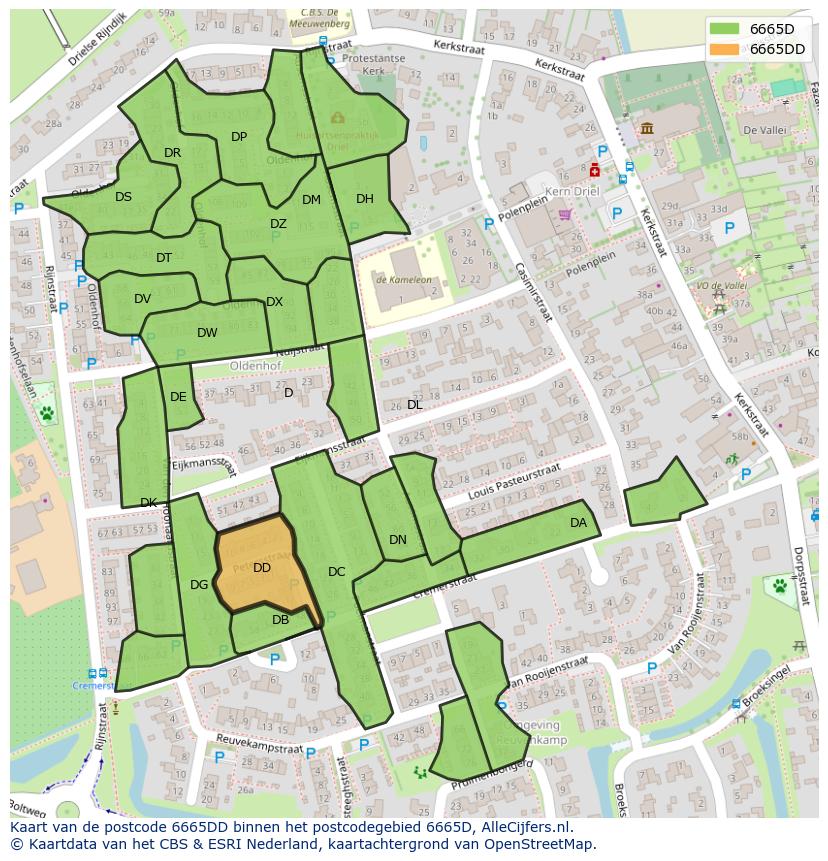 Afbeelding van het postcodegebied 6665 DD op de kaart.