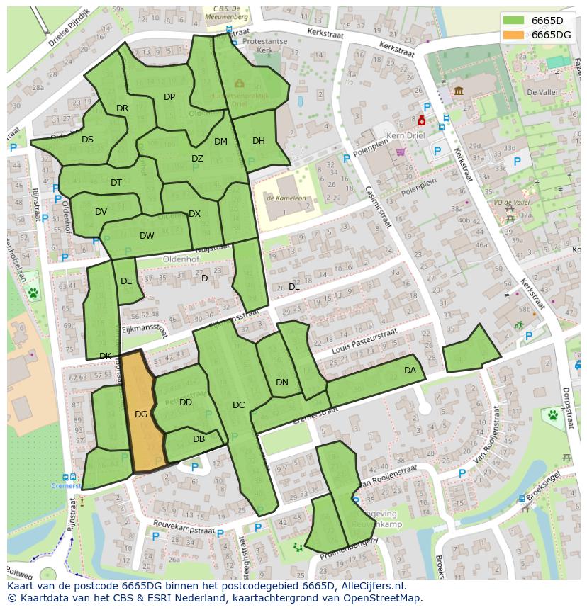 Afbeelding van het postcodegebied 6665 DG op de kaart.
