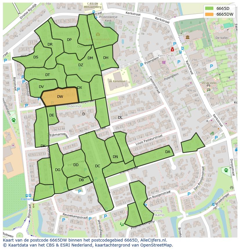 Afbeelding van het postcodegebied 6665 DW op de kaart.
