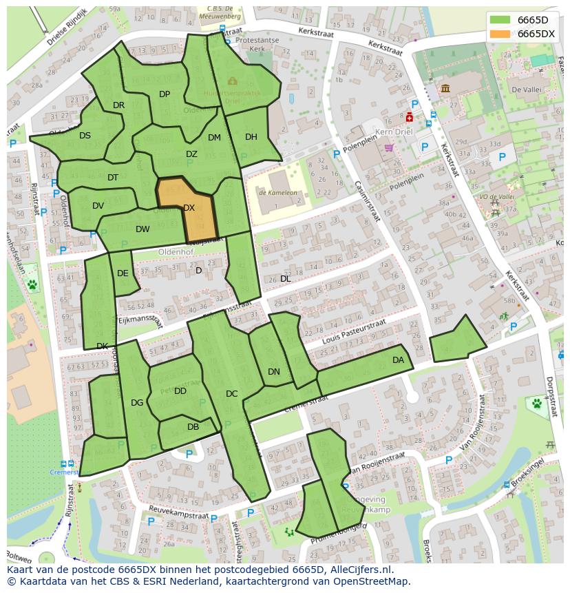 Afbeelding van het postcodegebied 6665 DX op de kaart.