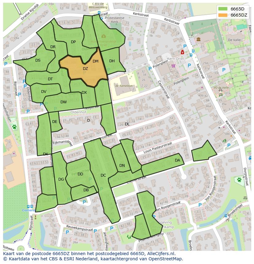 Afbeelding van het postcodegebied 6665 DZ op de kaart.