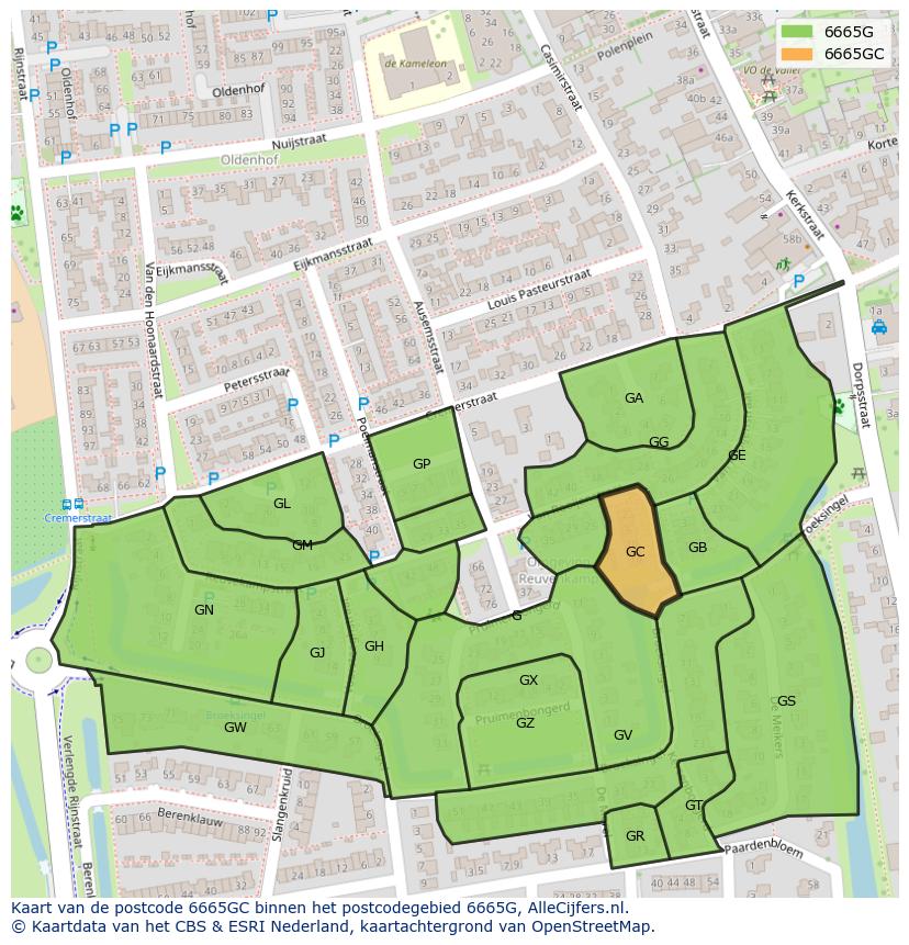 Afbeelding van het postcodegebied 6665 GC op de kaart.