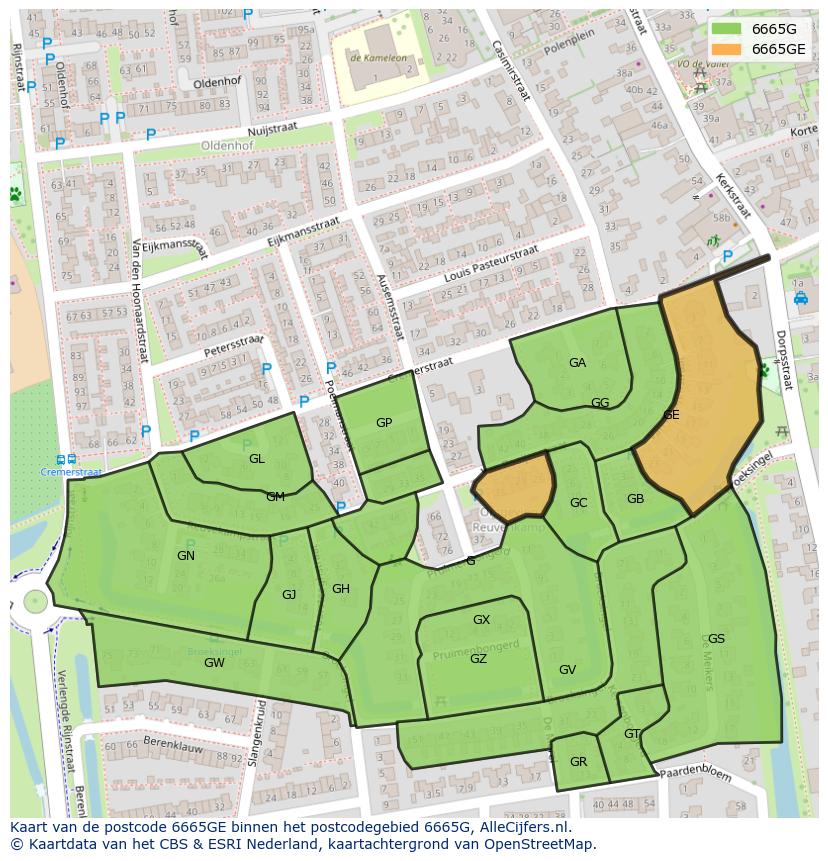 Afbeelding van het postcodegebied 6665 GE op de kaart.