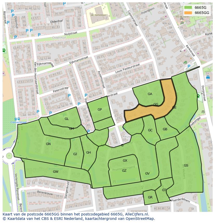 Afbeelding van het postcodegebied 6665 GG op de kaart.