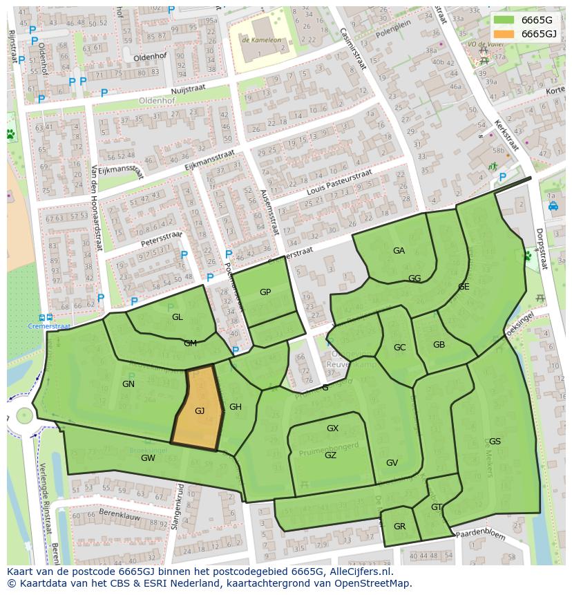 Afbeelding van het postcodegebied 6665 GJ op de kaart.