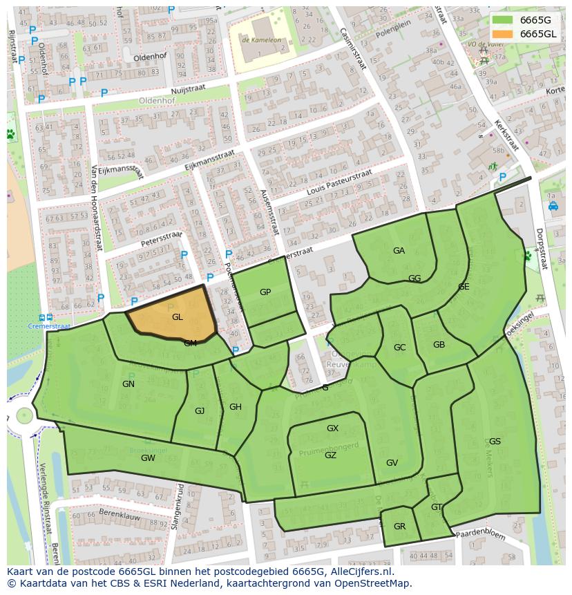 Afbeelding van het postcodegebied 6665 GL op de kaart.