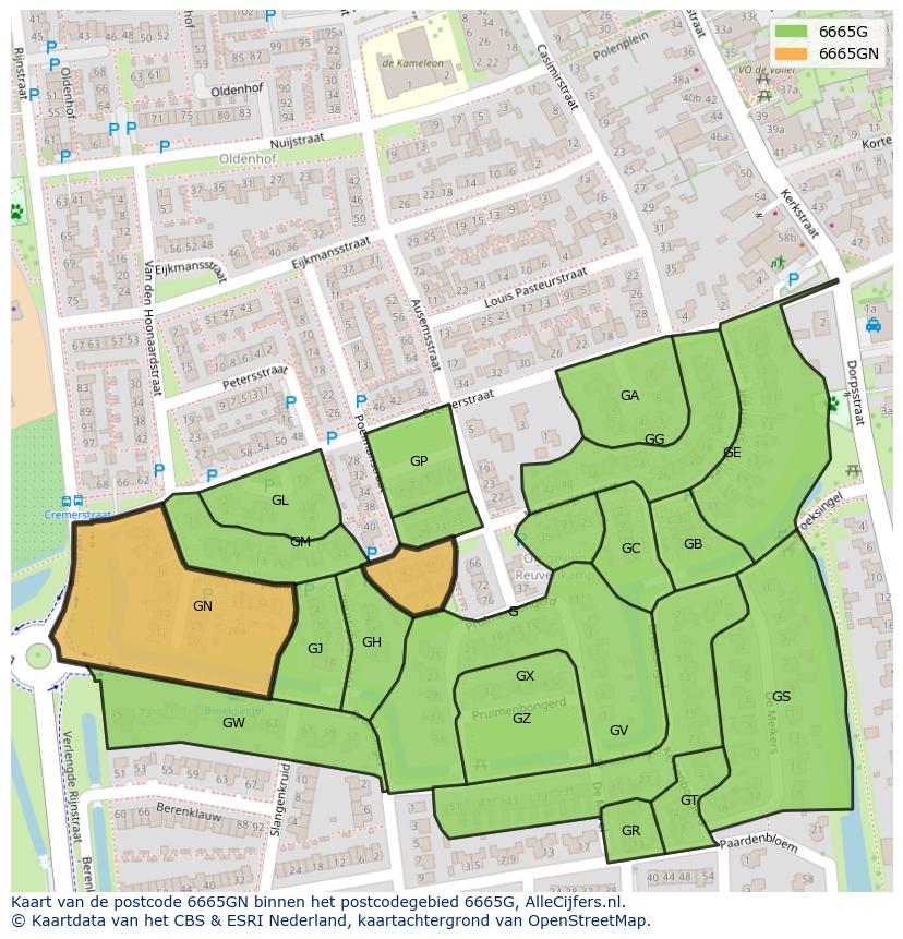 Afbeelding van het postcodegebied 6665 GN op de kaart.
