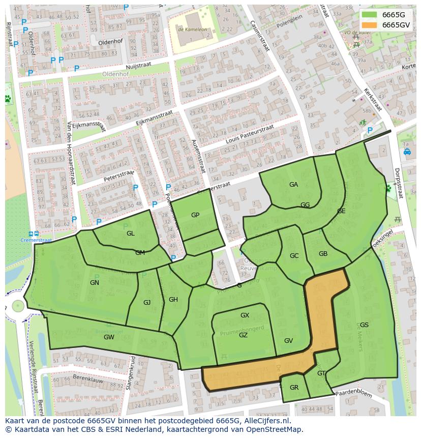 Afbeelding van het postcodegebied 6665 GV op de kaart.