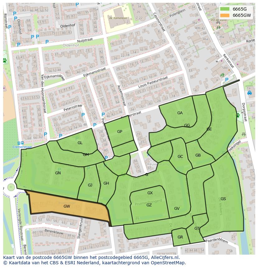 Afbeelding van het postcodegebied 6665 GW op de kaart.