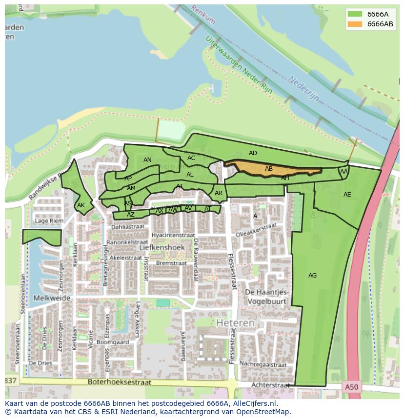 Afbeelding van het postcodegebied 6666 AB op de kaart.