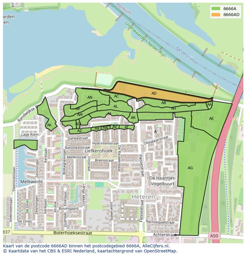 Afbeelding van het postcodegebied 6666 AD op de kaart.